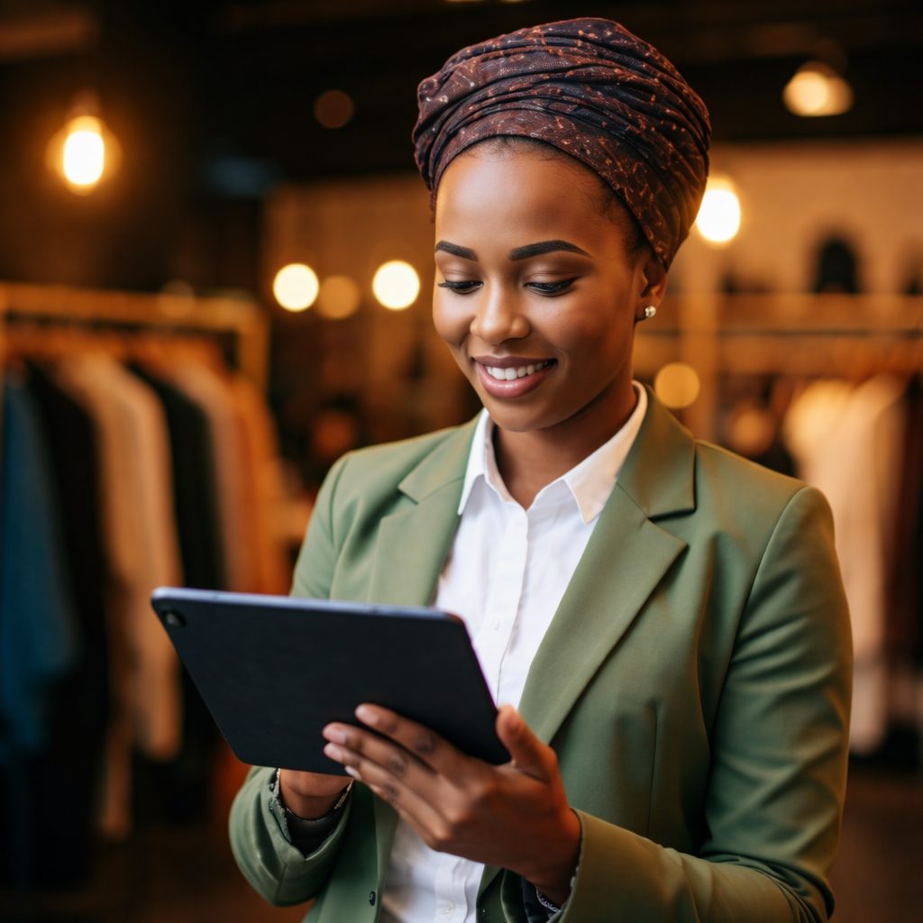 Entrepreneur africaine gérant sa boutique avec YoriinApp