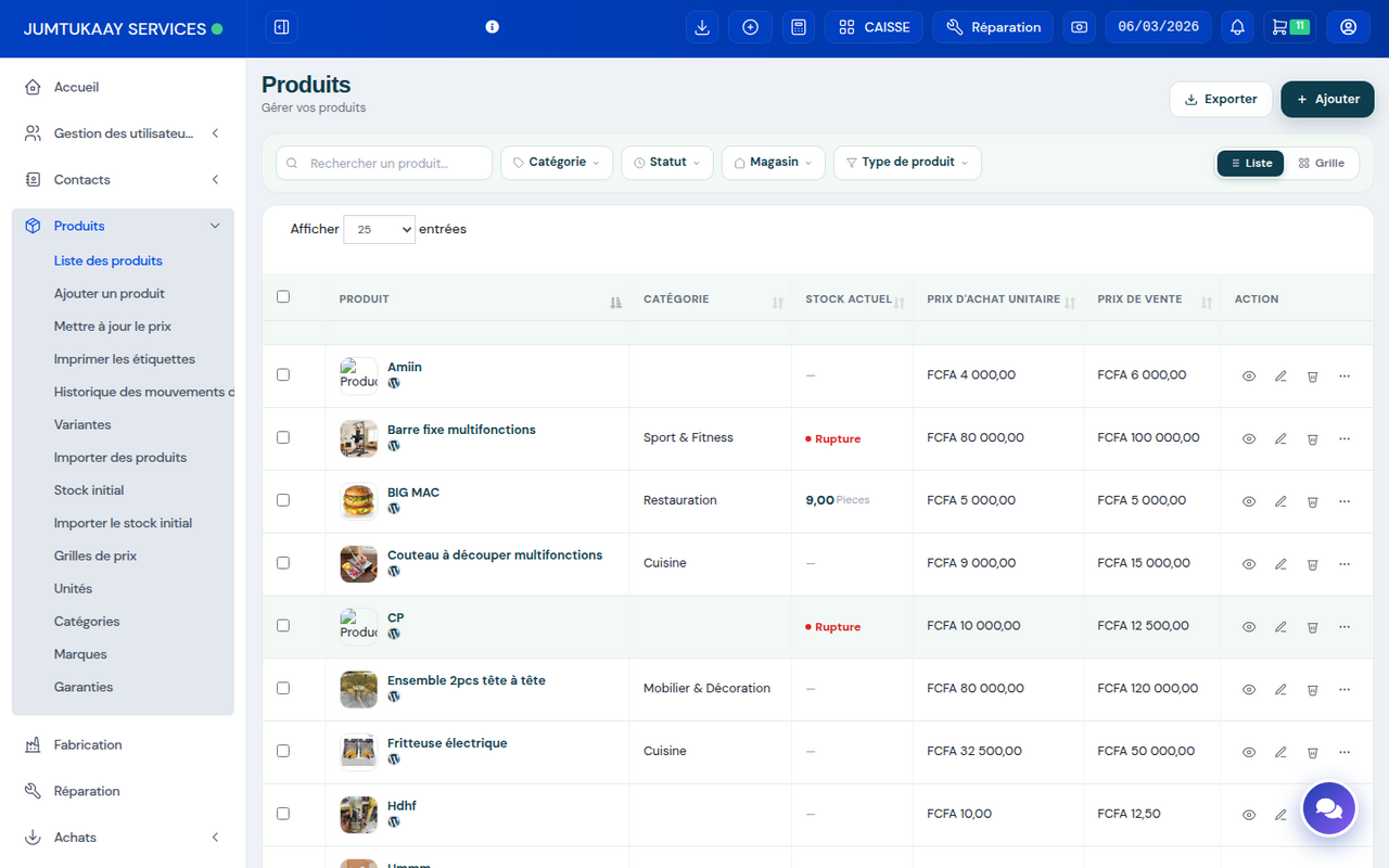 Catalogue produits dans YoriinApp — images, catégories et prix en FCFA