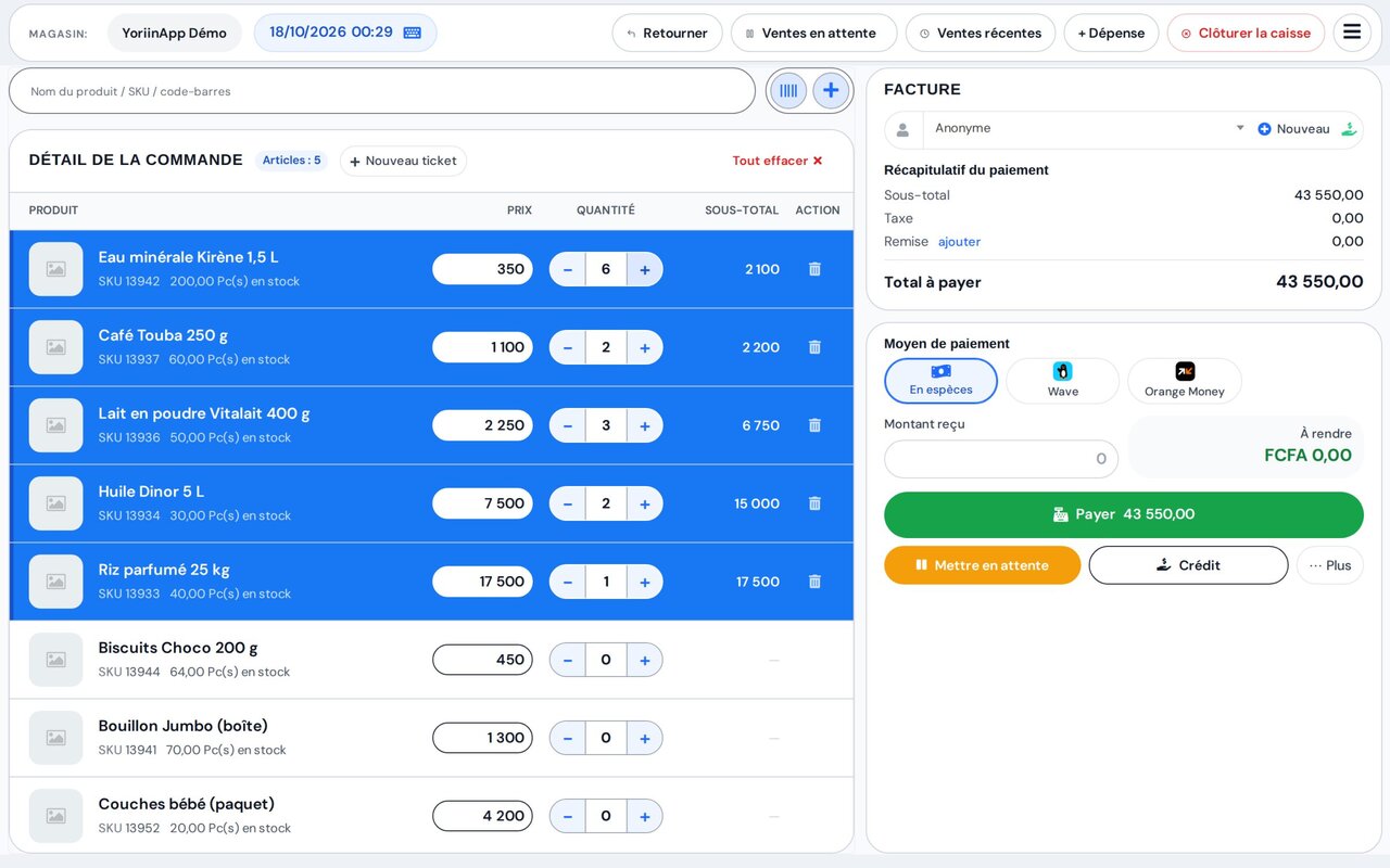 Caisse YoriinApp : panier, paiement en espèces, Wave ou Orange Money