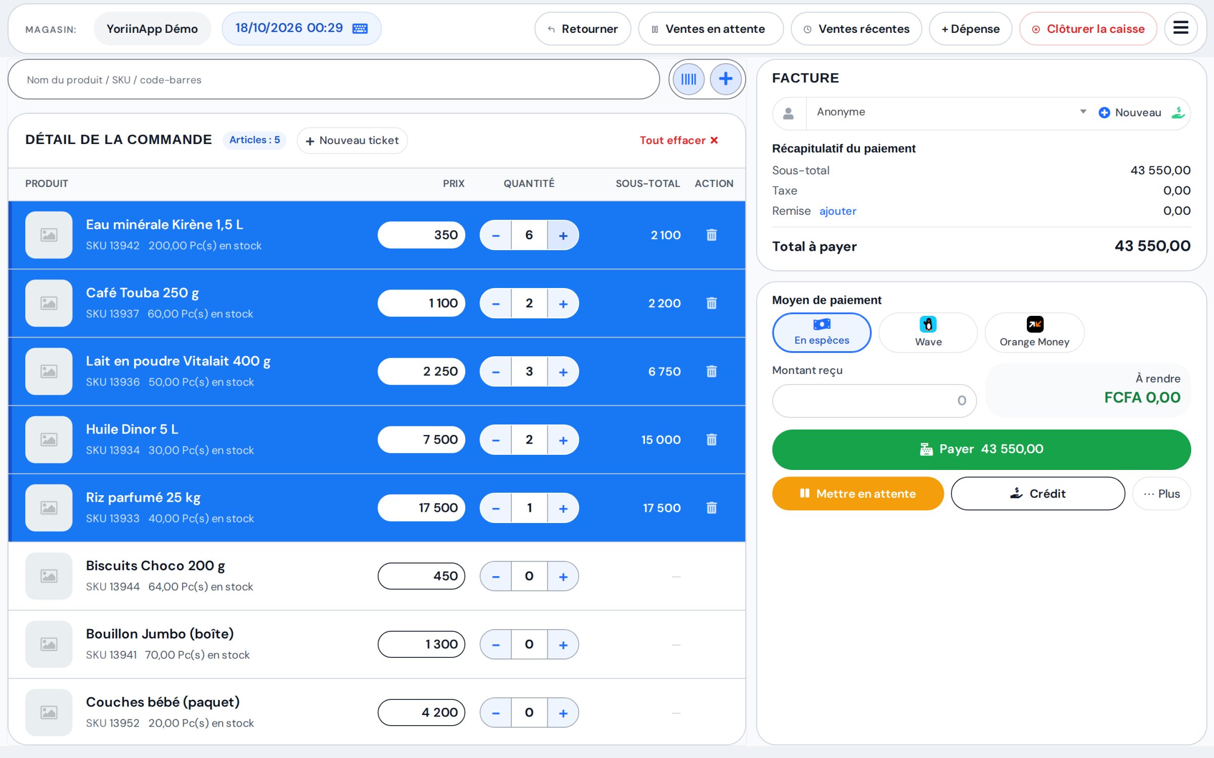 Caisse YoriinApp : panier de 5 articles à 43 550 F, paiement en espèces, Wave ou Orange Money
